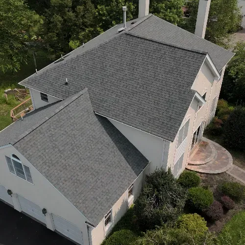 Completed shingle roof viewed from above