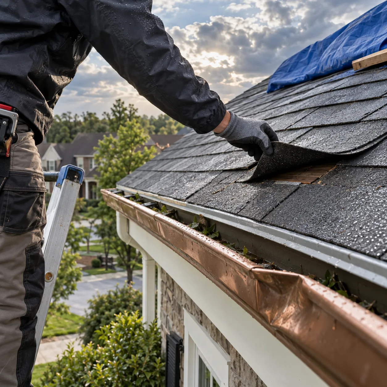 Roofing professional installing shingles on a residential roof.