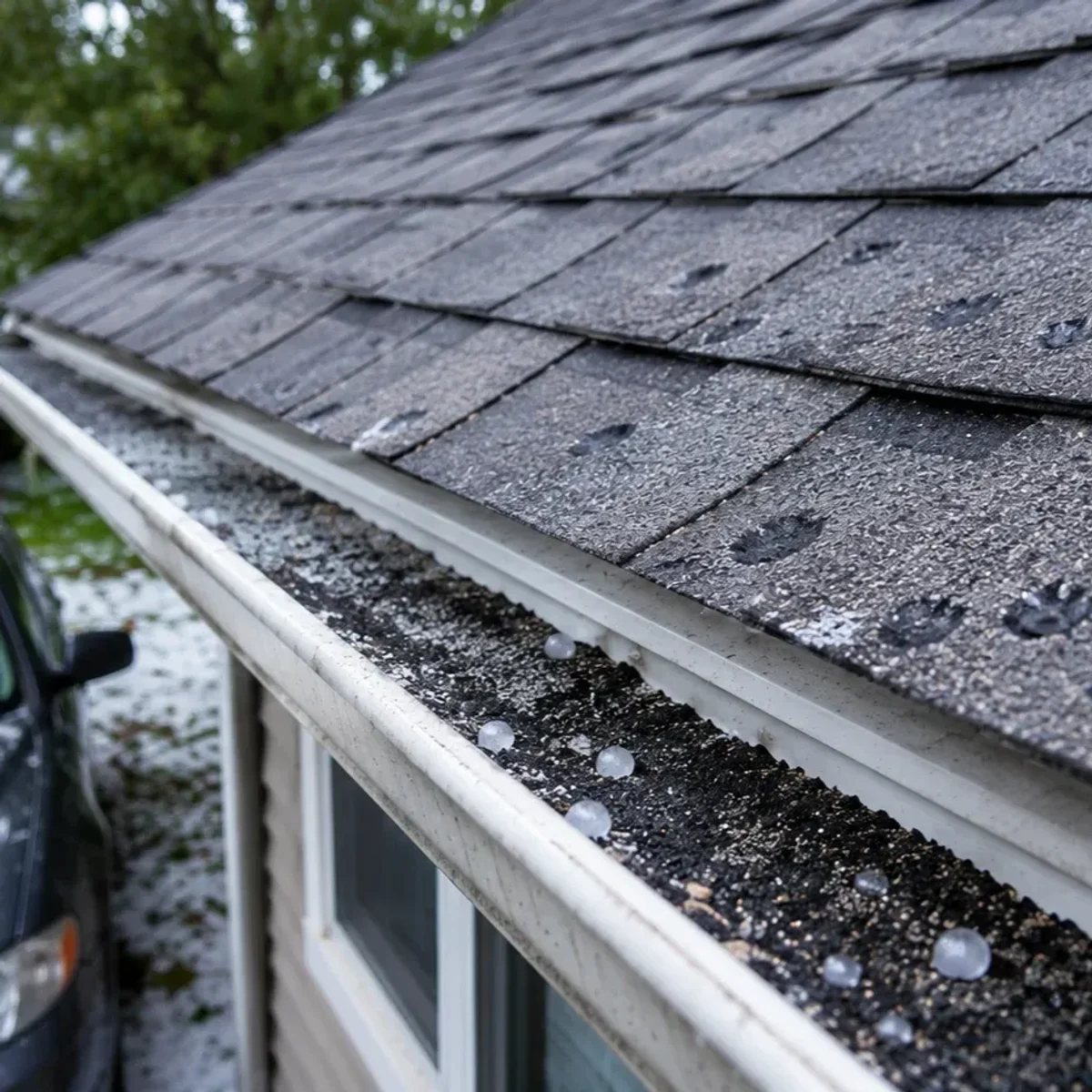 Roofing professional assessing storm-related damage on a residential roof.