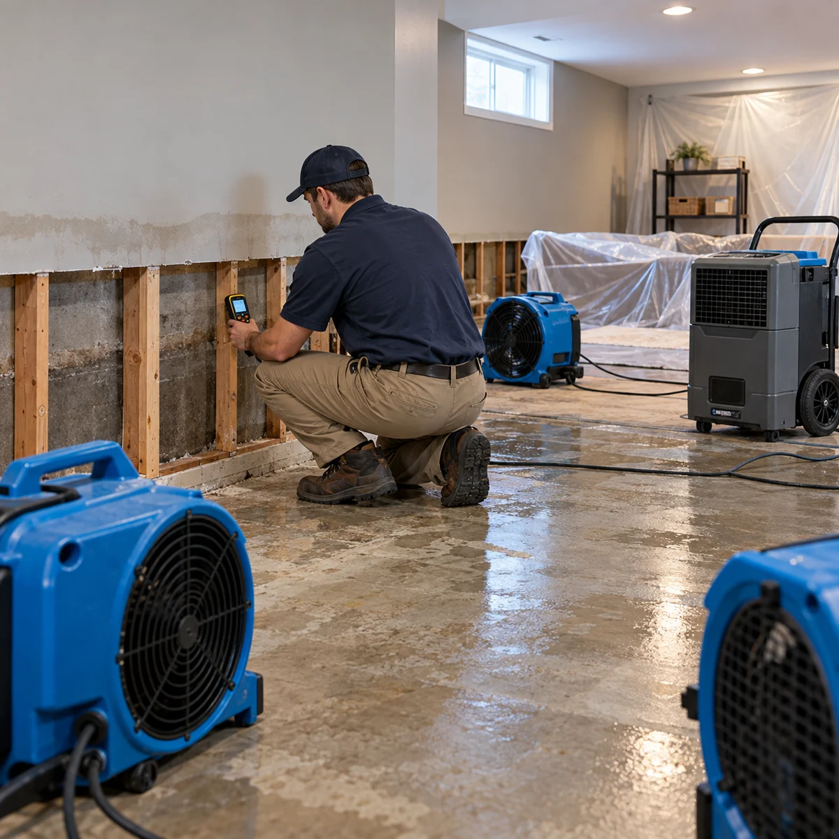 Restoration technician measuring moisture near drying equipment